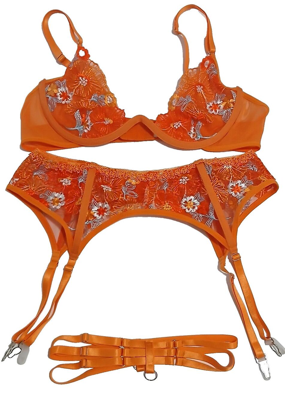 Hello LA Girl Orange Floral Embroidery Lingerie 3 Piece Set Sexy Medium #934